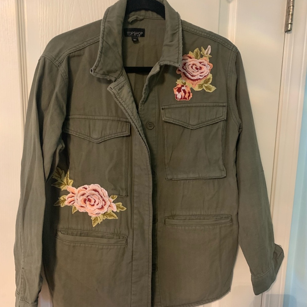Topshop Green Army jacket with floral embroidery